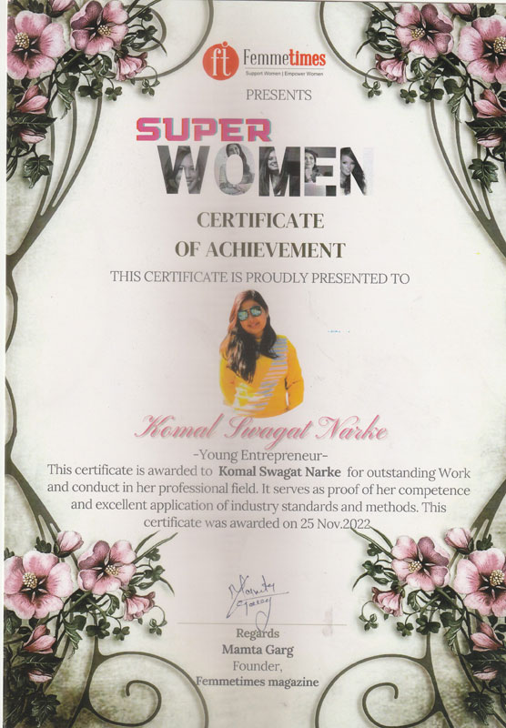 Komal Wadkar Narke- Owner of SSK Enterprises received India's Super 30 Women Young Entrepreneur 2022 by Femme Times magazine. 