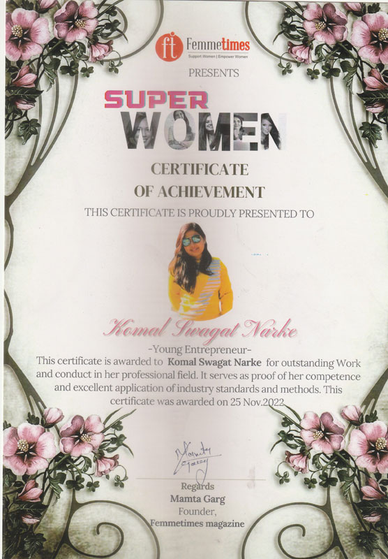 Komal Wadkar Narke- Owner of SSK Enterprises received India's Super 30 Women Young Entrepreneur 2022 by Femme Times magazine. Komal Wadkar Narke- Owner of SSK Enterprises received India's Super 30 Women Young Entrepreneur 2022 by Femme Times magazine.